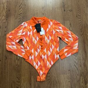 Dodo Bar Or Vibrant Orange Knit Top bodysuit size M/L NWT long sleeve open back